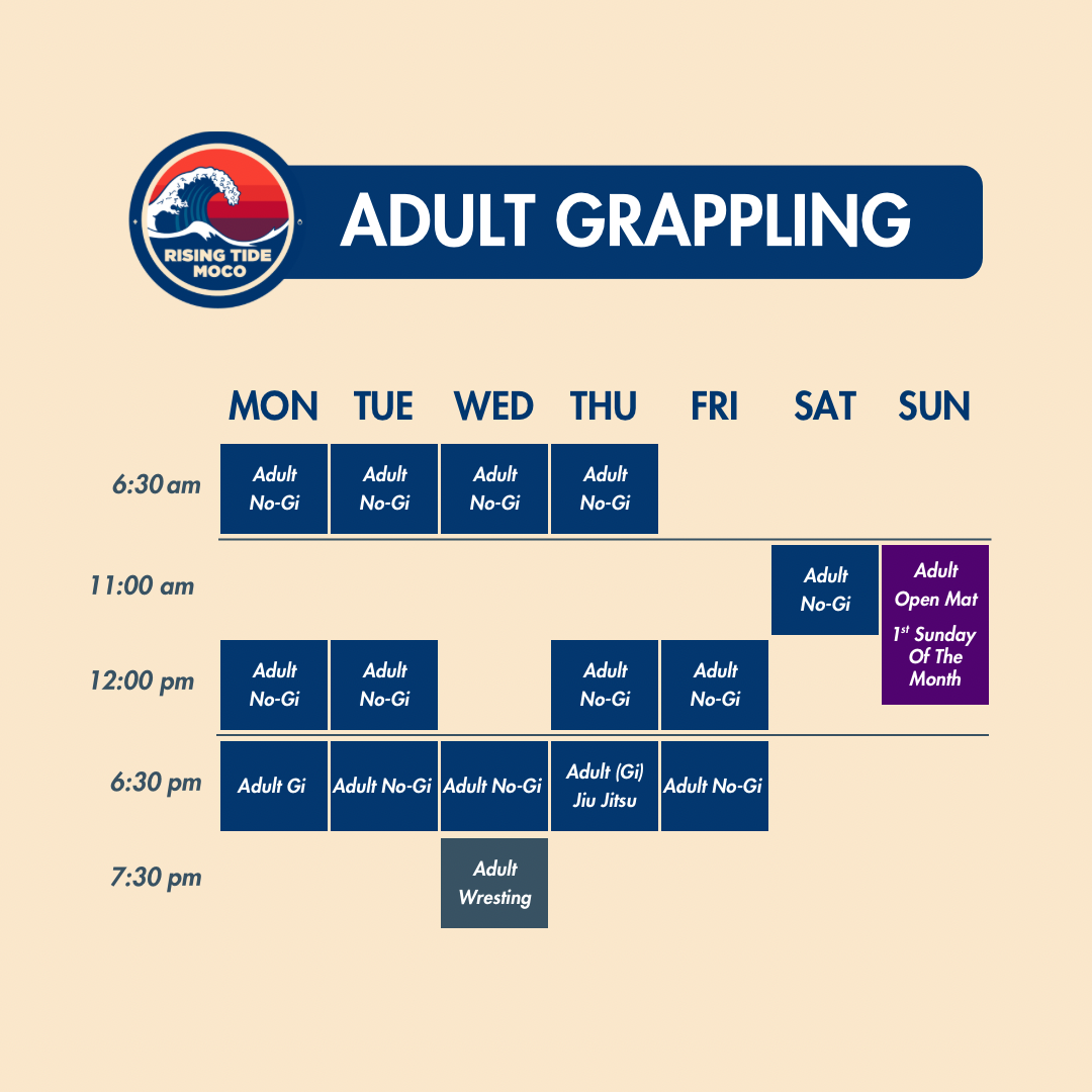 Adult Jiu-Jitsu and Wrestling weekly class schedule at Rising Tide MoCo MMA