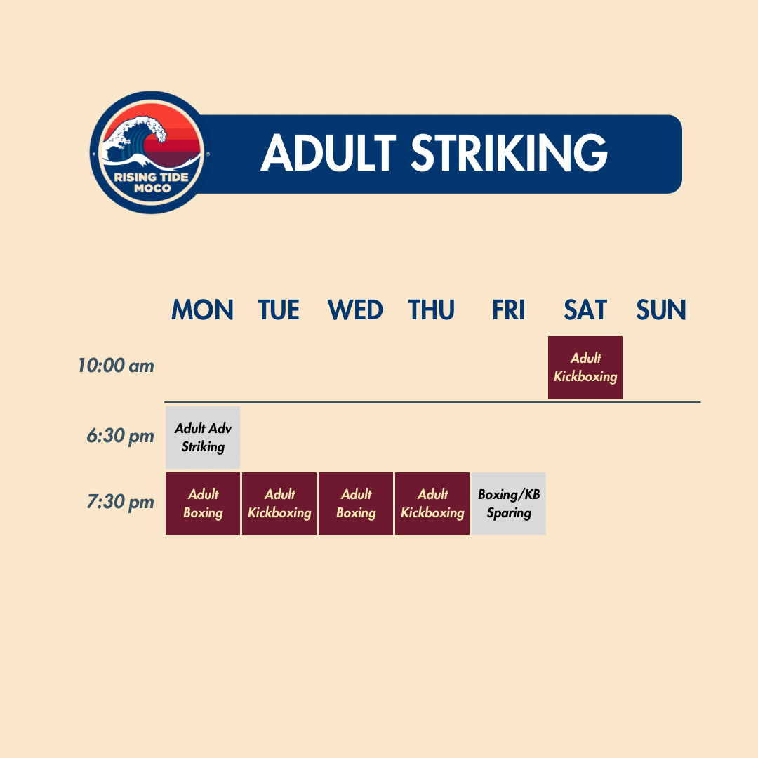 Adult Boxing and Kickboxing weekly class schedule at Rising Tide MoCo MMA
