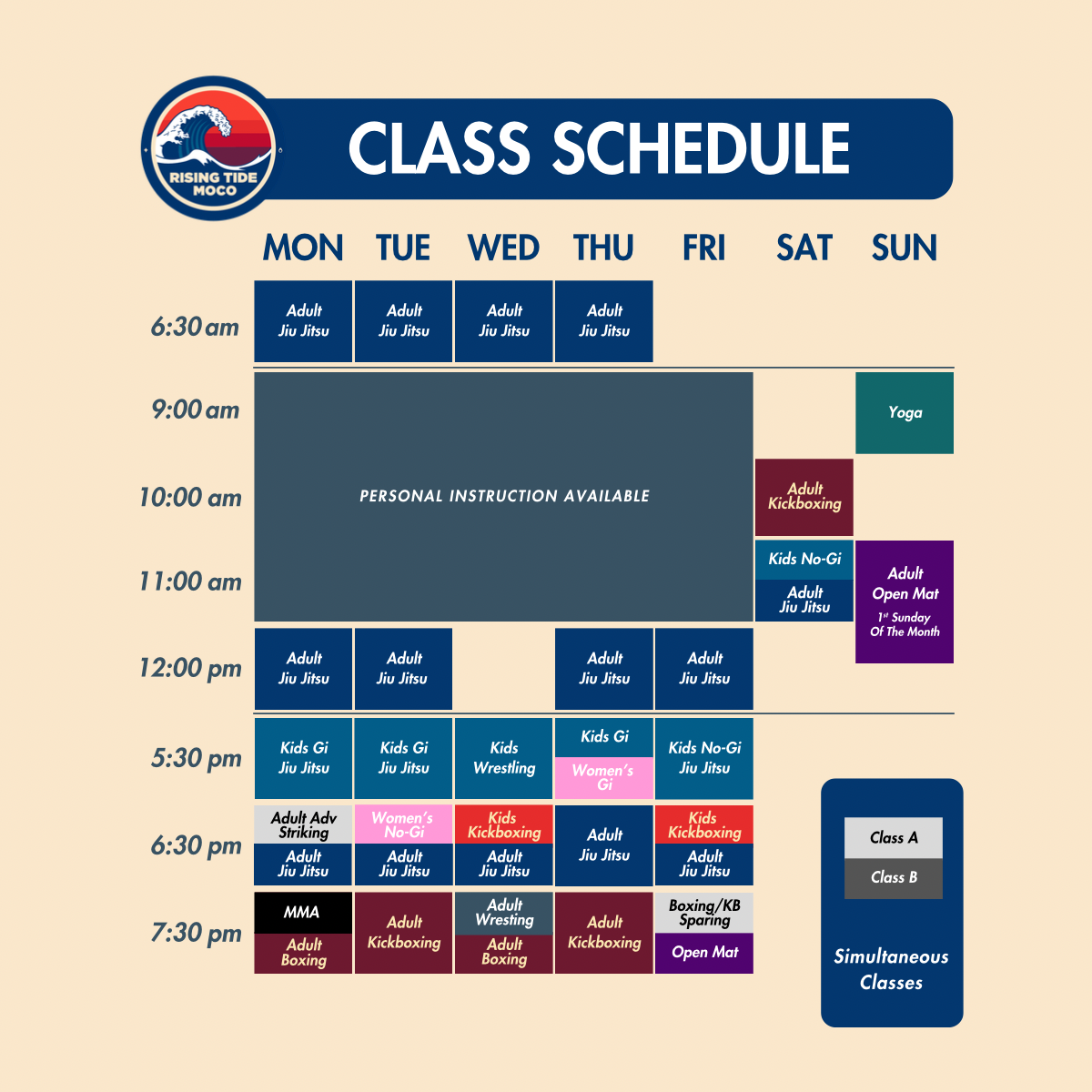 Rising Tide MoCo MMA full weekly class schedule — Monday through Sunday, color-coded by program